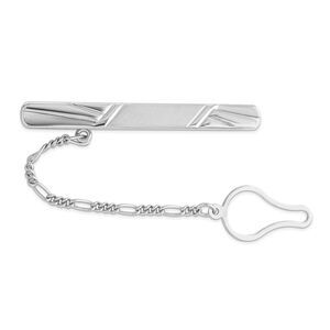 Rhodium Plated Sterling Silver Grooved with Button Chain Tie Bar